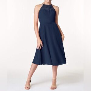 Azazie Alayna Short Bridesmaid A Line Dress Navy Sz J12  High Neck Sheer Chiffon